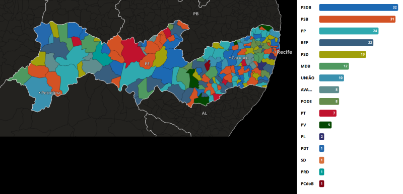 Mapa de partidos com prefeitos eleitos em Pedrosa